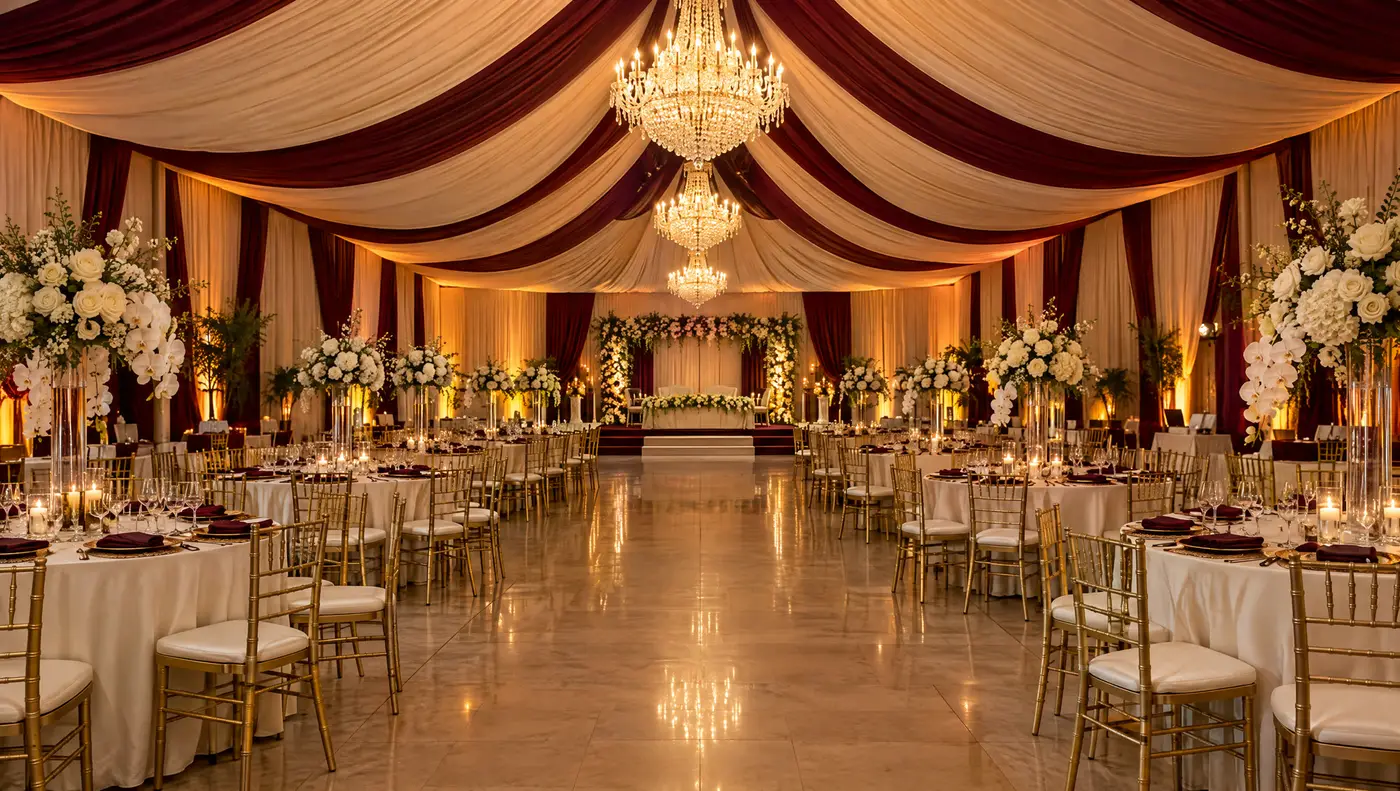 The hall styled in ivory & burgundy with round tables